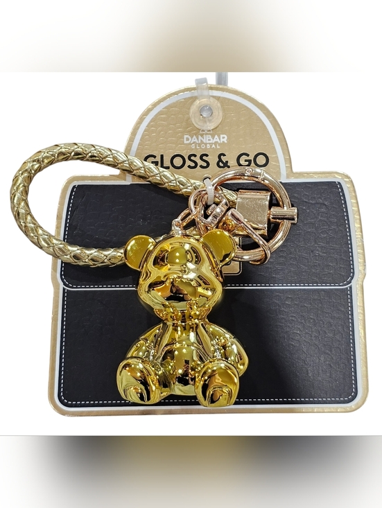 Danbar Accessories - Gold Metallic Teddy Bear Shaped Keychain With Braided Leather Strap. New